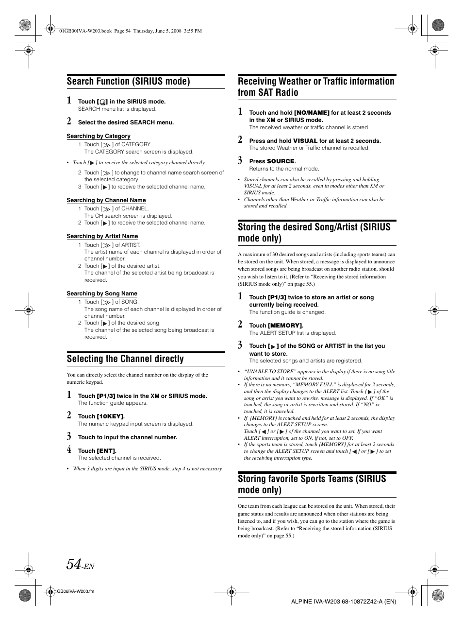 Search function (sirius mode), Selecting the channel directly, Storing the desired song/artist (sirius mode only) | Storing favorite sports teams (sirius mode only) | Alpine IVA-W203 User Manual | Page 56 / 240