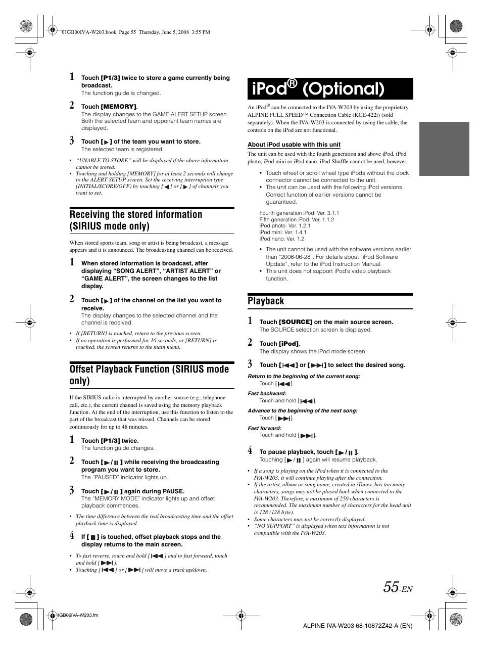 Ipod, Optional), Offset playback function (sirius mode only) | Playback | Alpine IVA-W203 User Manual | Page 57 / 240