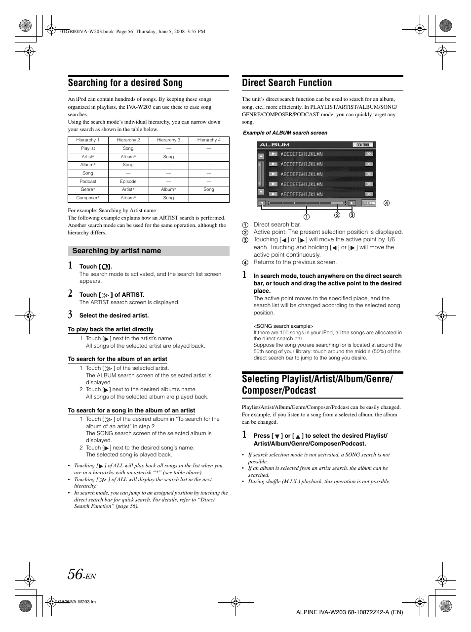 Searching for a desired song, Direct search function | Alpine IVA-W203 User Manual | Page 58 / 240