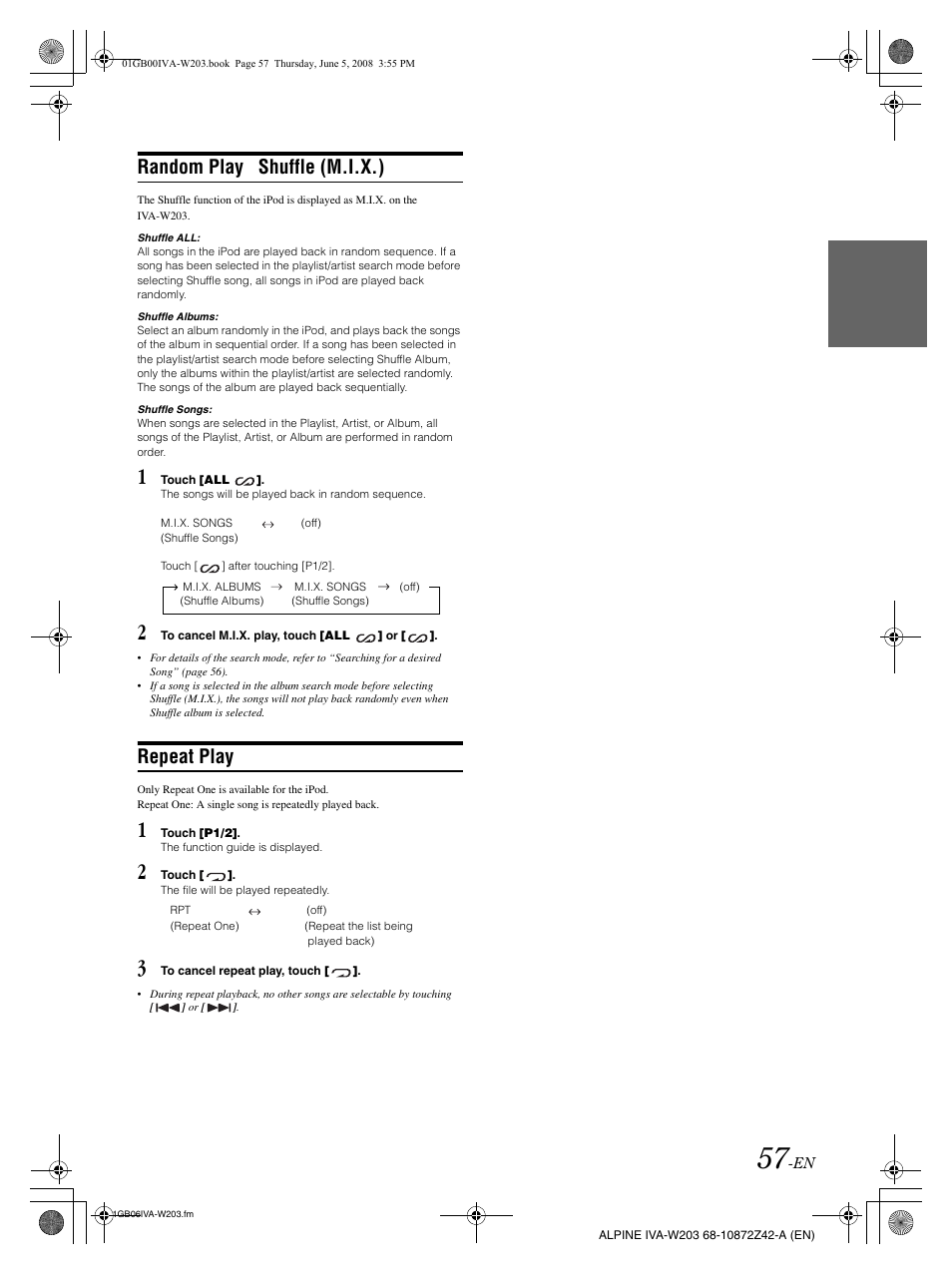 Random play shuffle (m.i.x.), Repeat play | Alpine IVA-W203 User Manual | Page 59 / 240