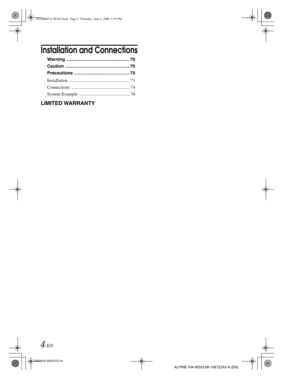 Installation and connections | Alpine IVA-W203 User Manual | Page 6 / 240