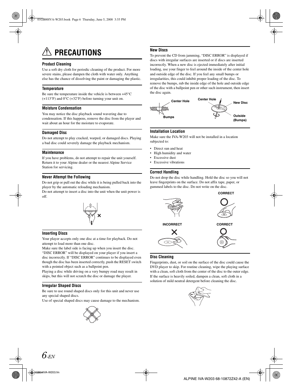 Precautions | Alpine IVA-W203 User Manual | Page 8 / 240