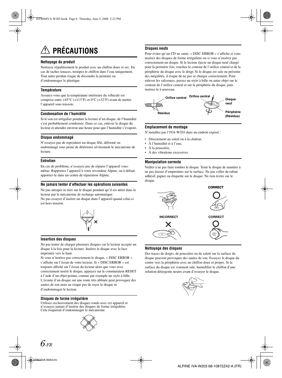 Précautions | Alpine IVA-W203 User Manual | Page 86 / 240