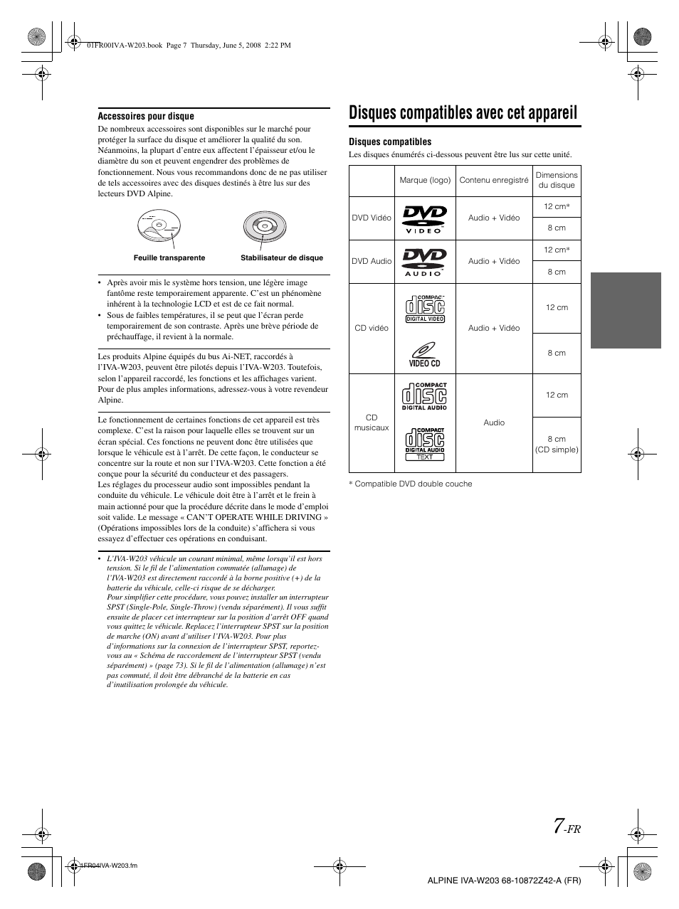 Disques compatibles avec cet appareil | Alpine IVA-W203 User Manual | Page 87 / 240