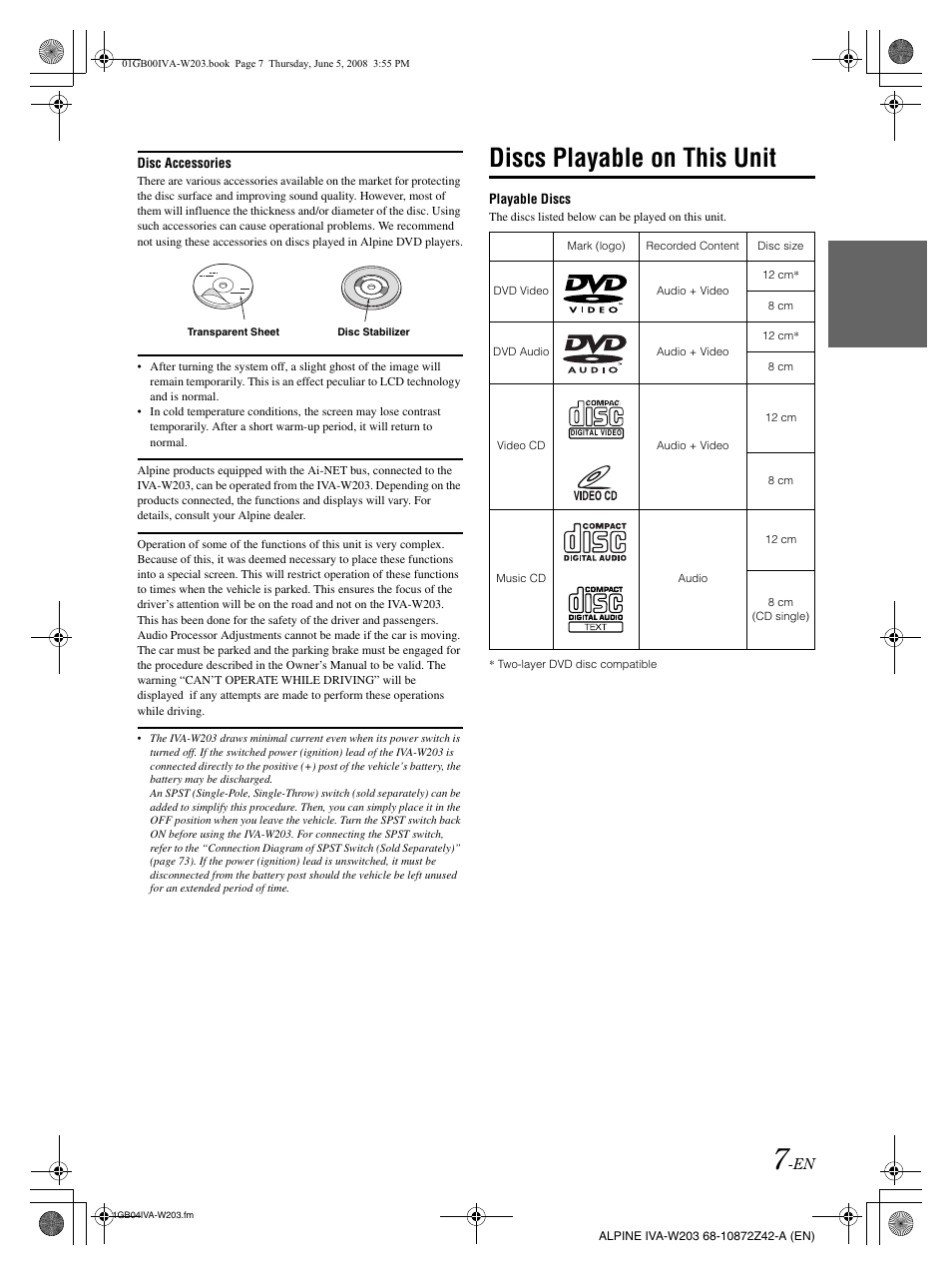 Discs playable on this unit | Alpine IVA-W203 User Manual | Page 9 / 240