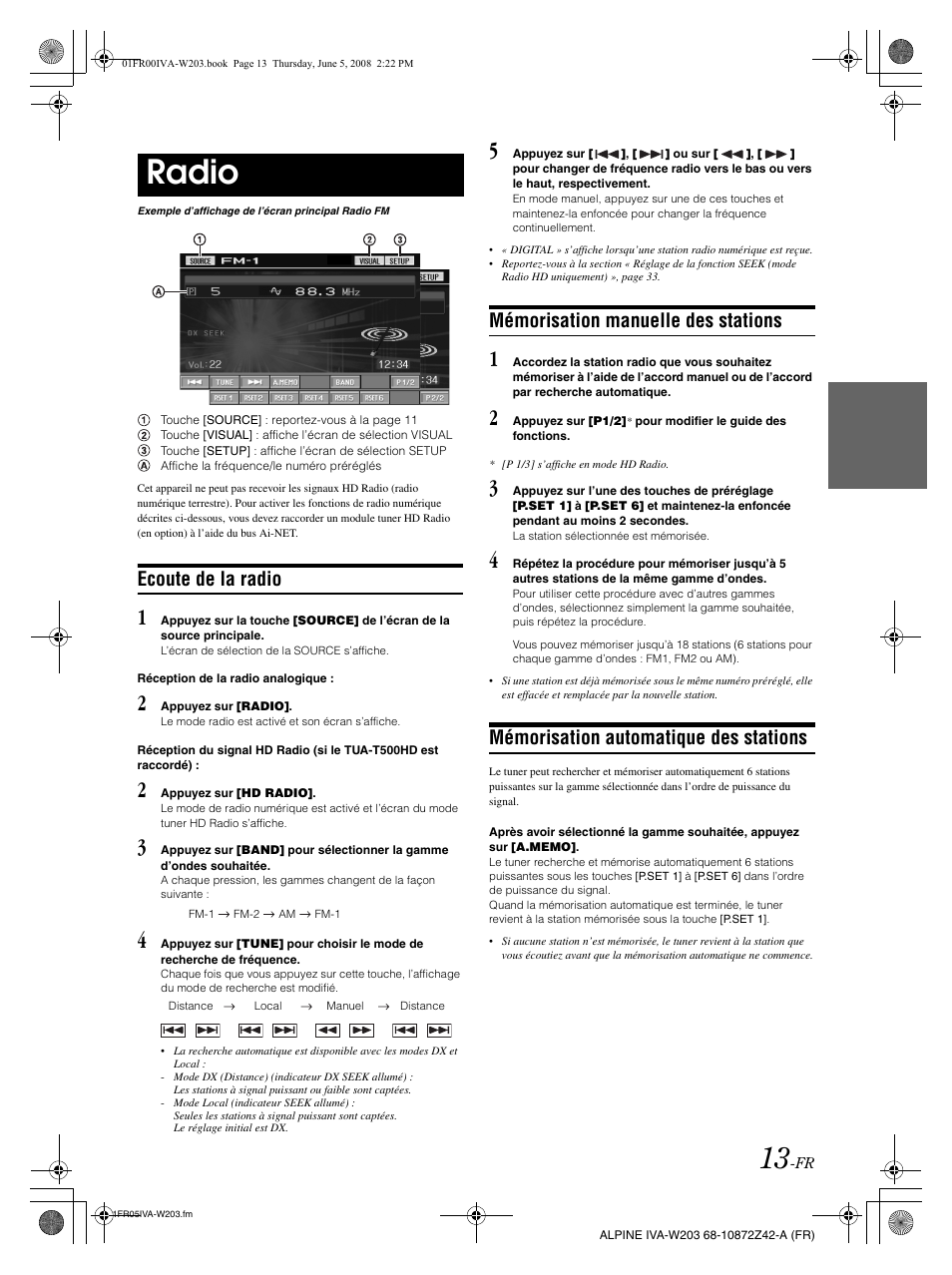 Radio, Ecoute de la radio, Mémorisation manuelle des stations | Mémorisation automatique des stations | Alpine IVA-W203 User Manual | Page 93 / 240