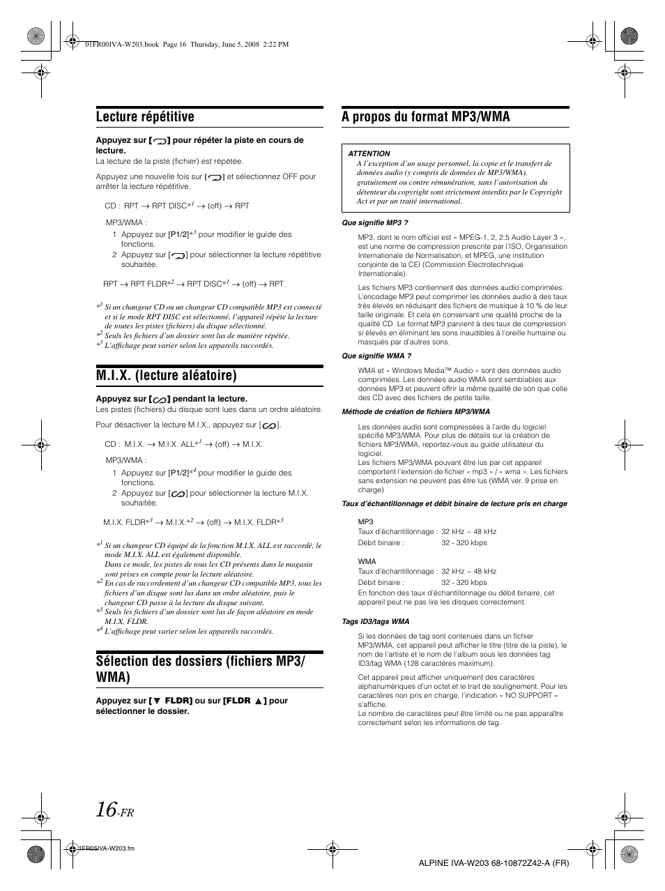 Lecture répétitive, M.i.x. (lecture aléatoire), Sélection des dossiers (fichiers mp3/ wma) | A propos du format mp3/wma | Alpine IVA-W203 User Manual | Page 96 / 240