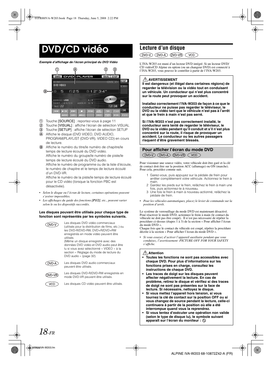 Dvd/cd vidéo, Lecture d’un disque | Alpine IVA-W203 User Manual | Page 98 / 240