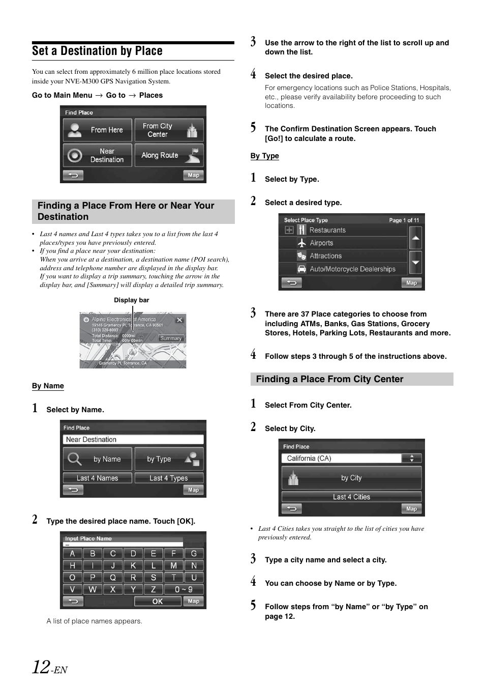 Set a destination by place, Finding a place from here or near your destination, Finding a place from city center | Finding a place from here or near your, Destination | Alpine NVE-M300 User Manual | Page 14 / 30