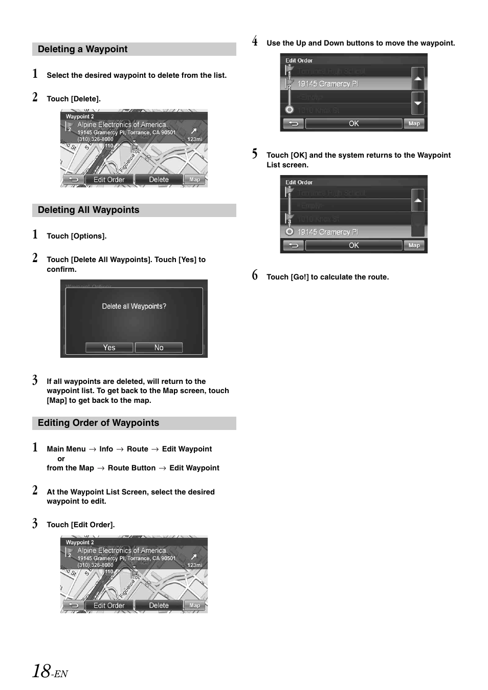 Deleting a waypoint, Deleting all waypoints, Editing order of waypoints | Alpine NVE-M300 User Manual | Page 20 / 30