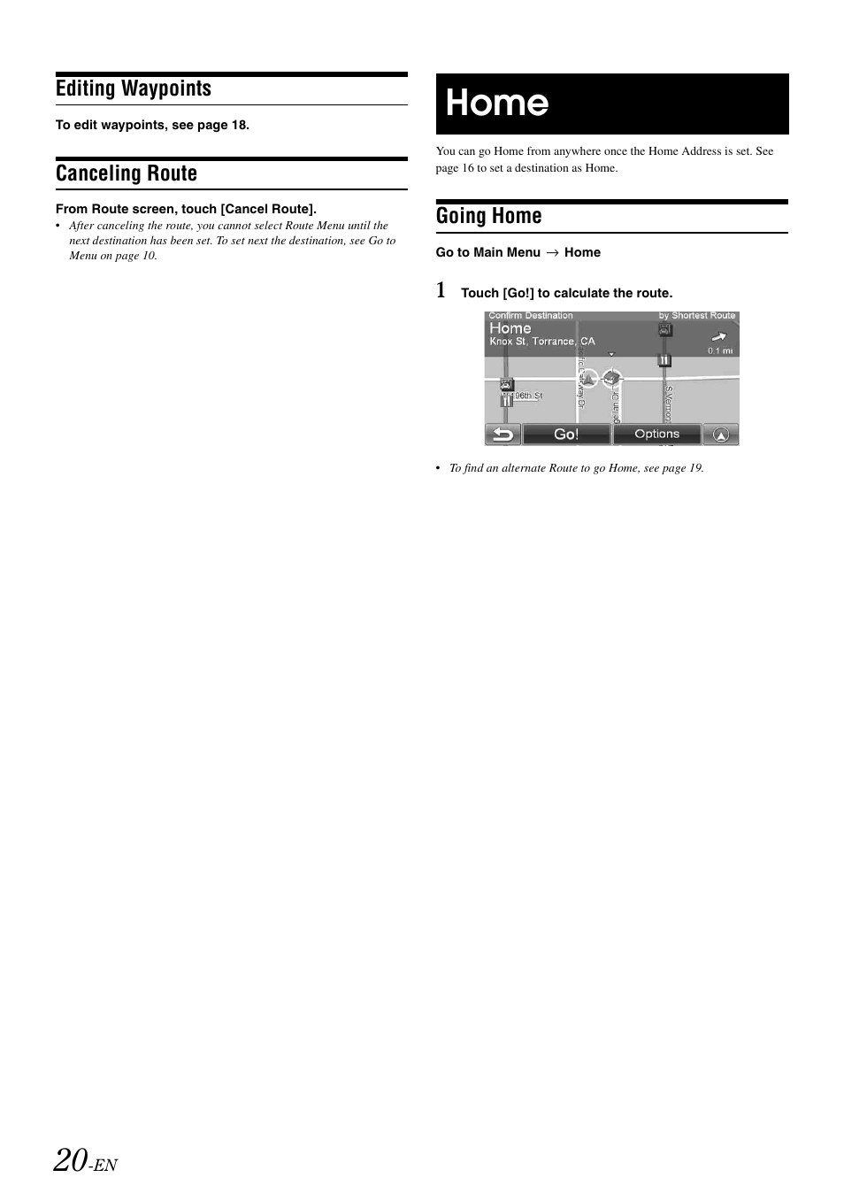 Editing waypoints, Canceling route, Home | Going home | Alpine NVE-M300 User Manual | Page 22 / 30