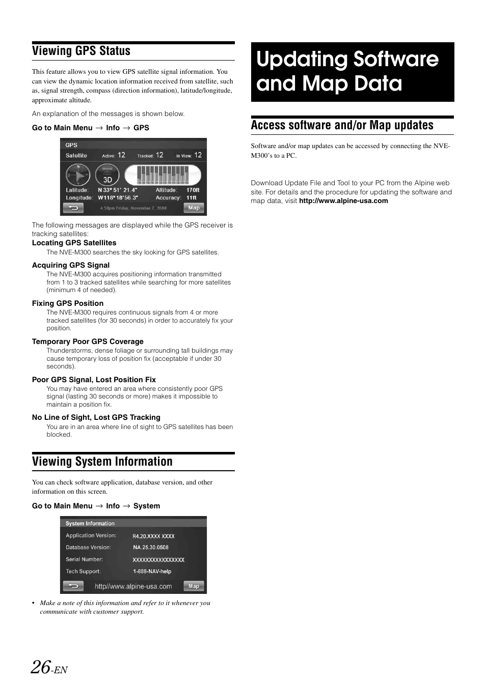 Viewing gps status, Viewing system information, Updating software and map data | Access software and/or map updates | Alpine NVE-M300 User Manual | Page 28 / 30