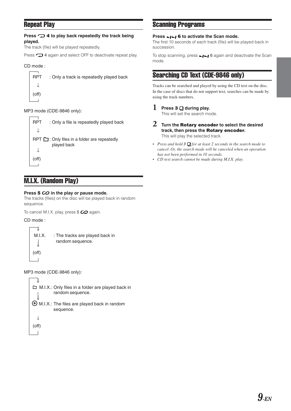 Scanning programs, Searching cd text (cde-9846 only), Repeat play | M.i.x. (random play) | Alpine CDE-9846 User Manual | Page 10 / 72