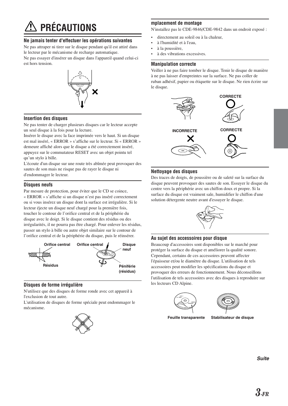 Précautions | Alpine CDE-9846 User Manual | Page 28 / 72