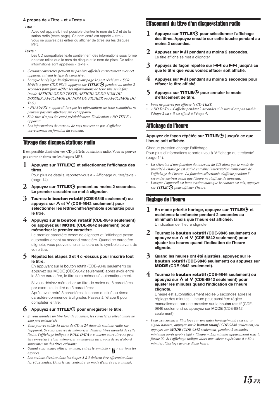 Effacement du titre d'un disque/station radio, Affichage de l'heure, Réglage de l'heure | Titrage des disques/stations radio | Alpine CDE-9846 User Manual | Page 40 / 72