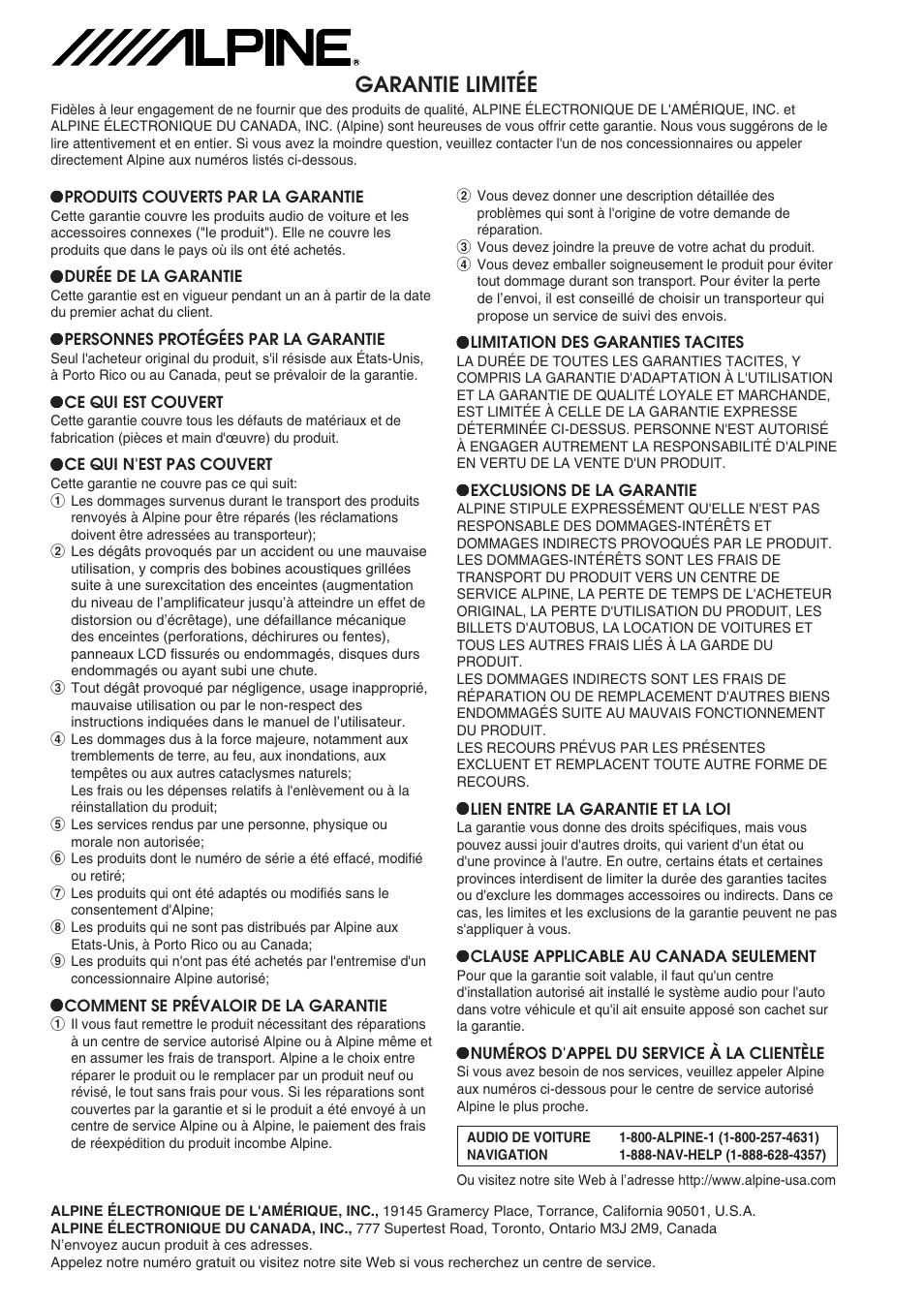 Garantie limitée | Alpine CDE-9846 User Manual | Page 49 / 72