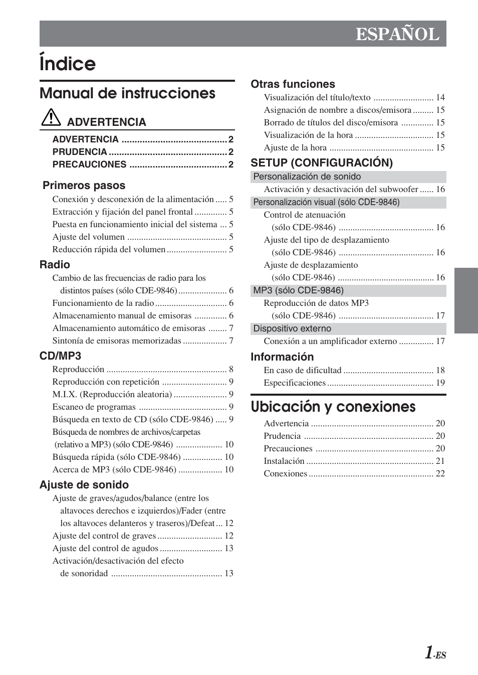 Índice, Español, Manual de instrucciones | Ubicación y conexiones | Alpine CDE-9846 User Manual | Page 50 / 72