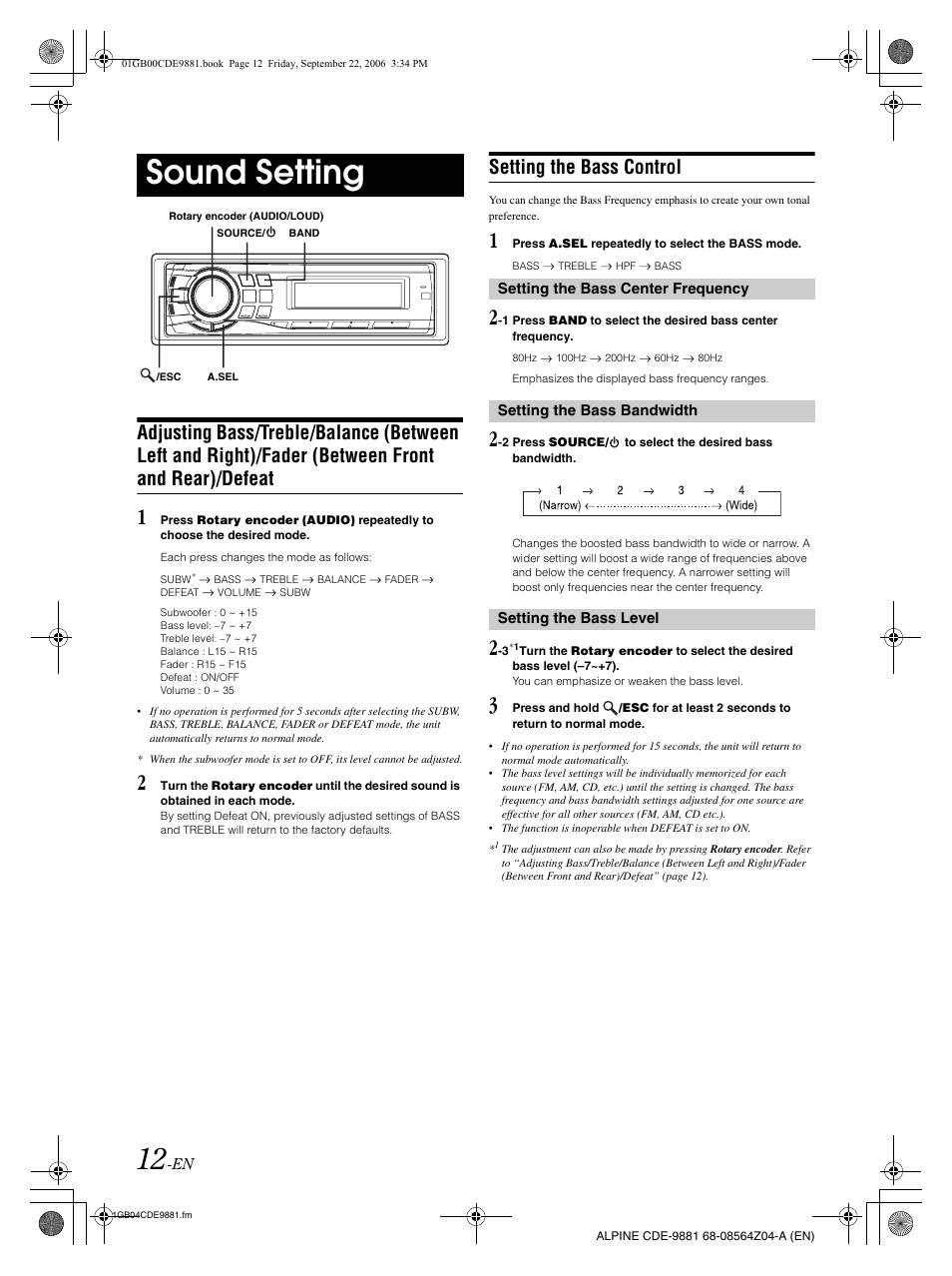 Sound setting, Setting the bass control | Alpine CDE-9881 User Manual | Page 14 / 88