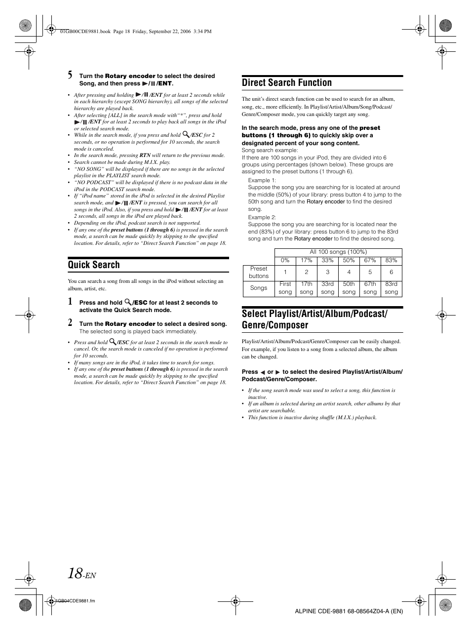 Quick search, Direct search function | Alpine CDE-9881 User Manual | Page 20 / 88