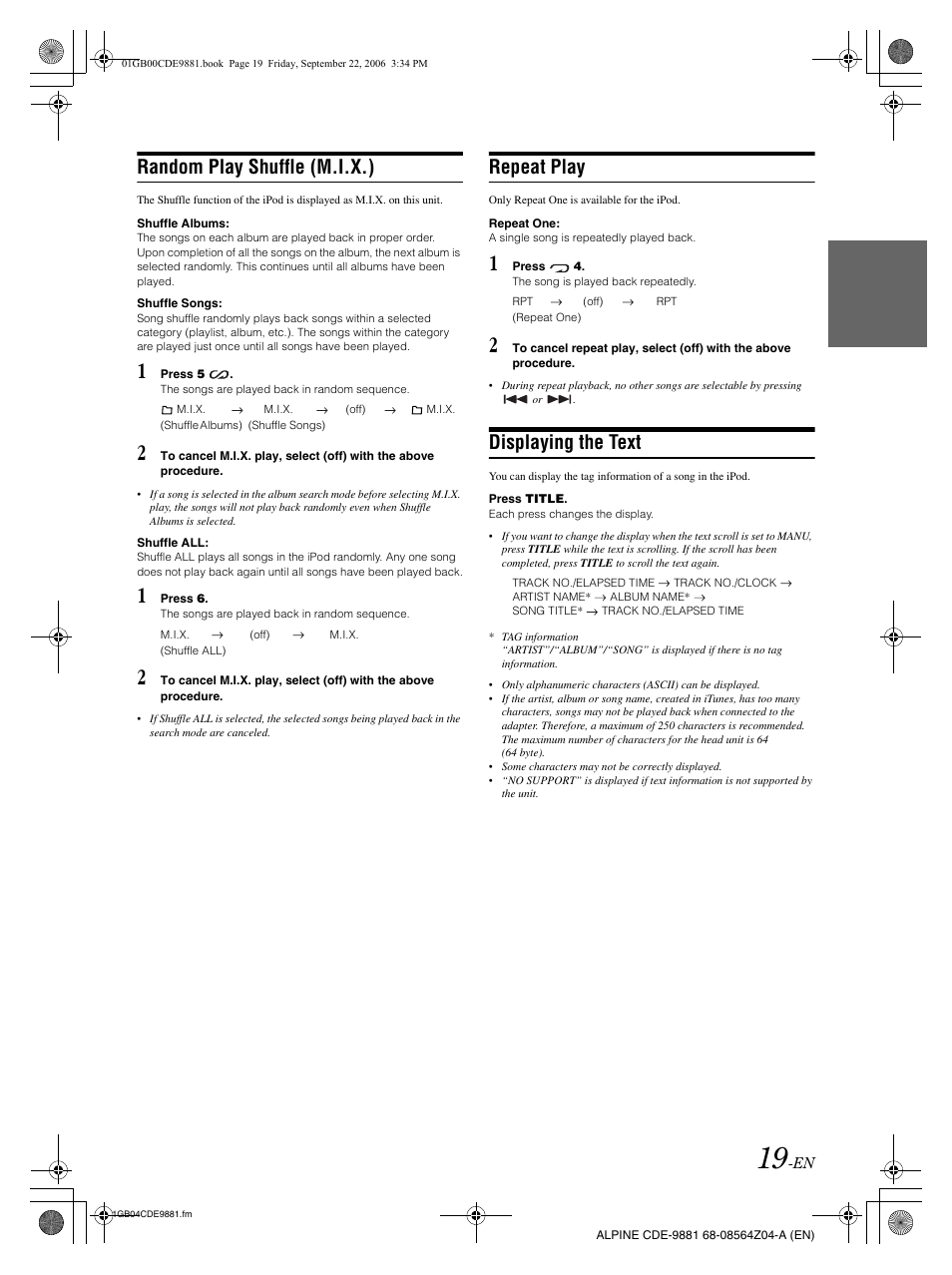 Random play shuffle (m.i.x.), Repeat play, Displaying the text | Alpine CDE-9881 User Manual | Page 21 / 88