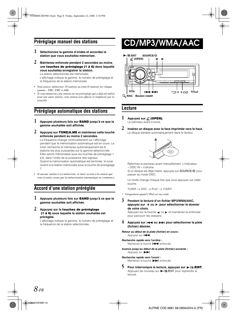 Cd/mp3/wma/aac, Préréglage manuel des stations, Préréglage automatique des stations | Accord d’une station préréglée, Lecture | Alpine CDE-9881 User Manual | Page 39 / 88