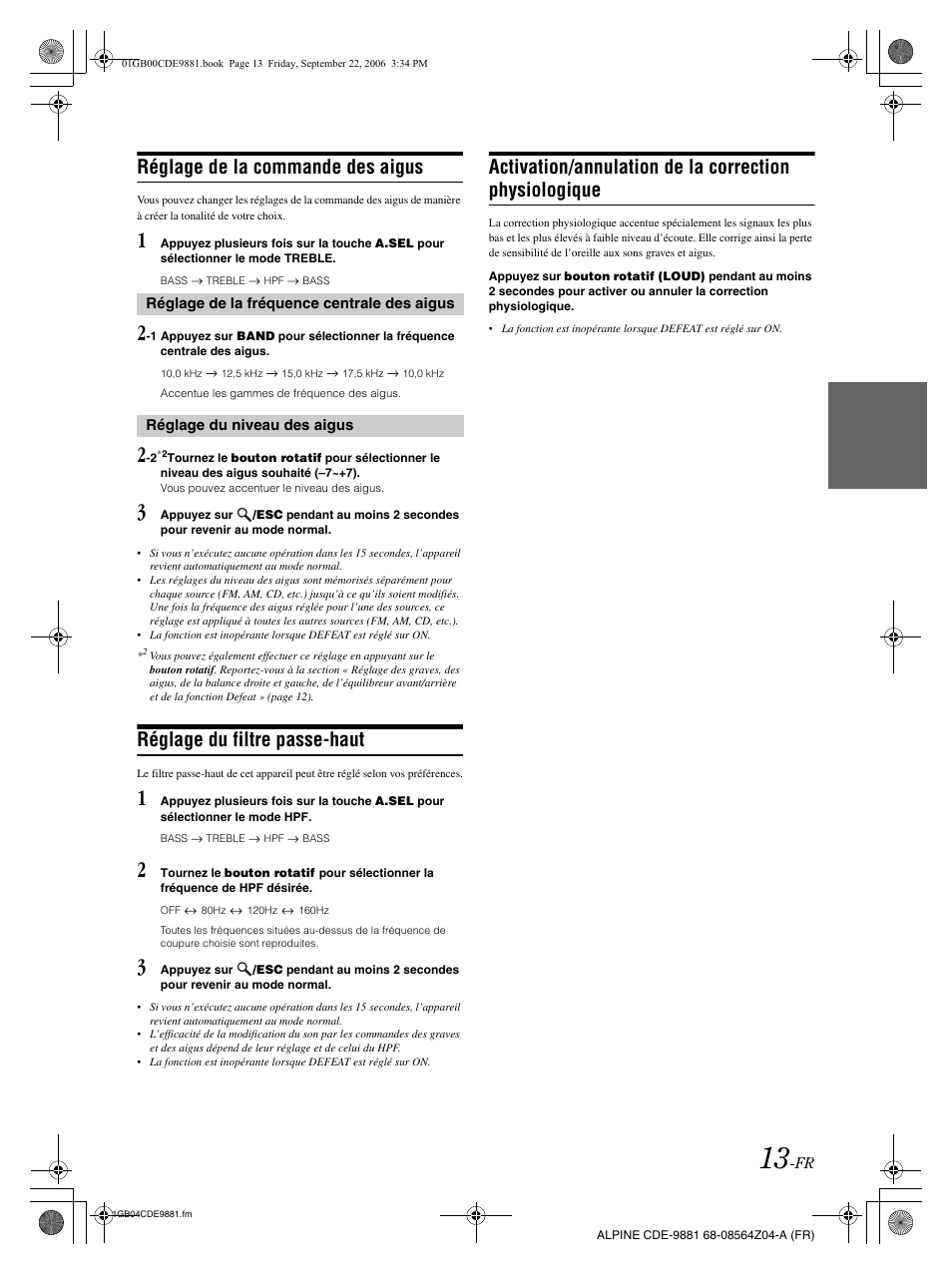 Réglage de la commande des aigus, Réglage du filtre passe-haut | Alpine CDE-9881 User Manual | Page 44 / 88