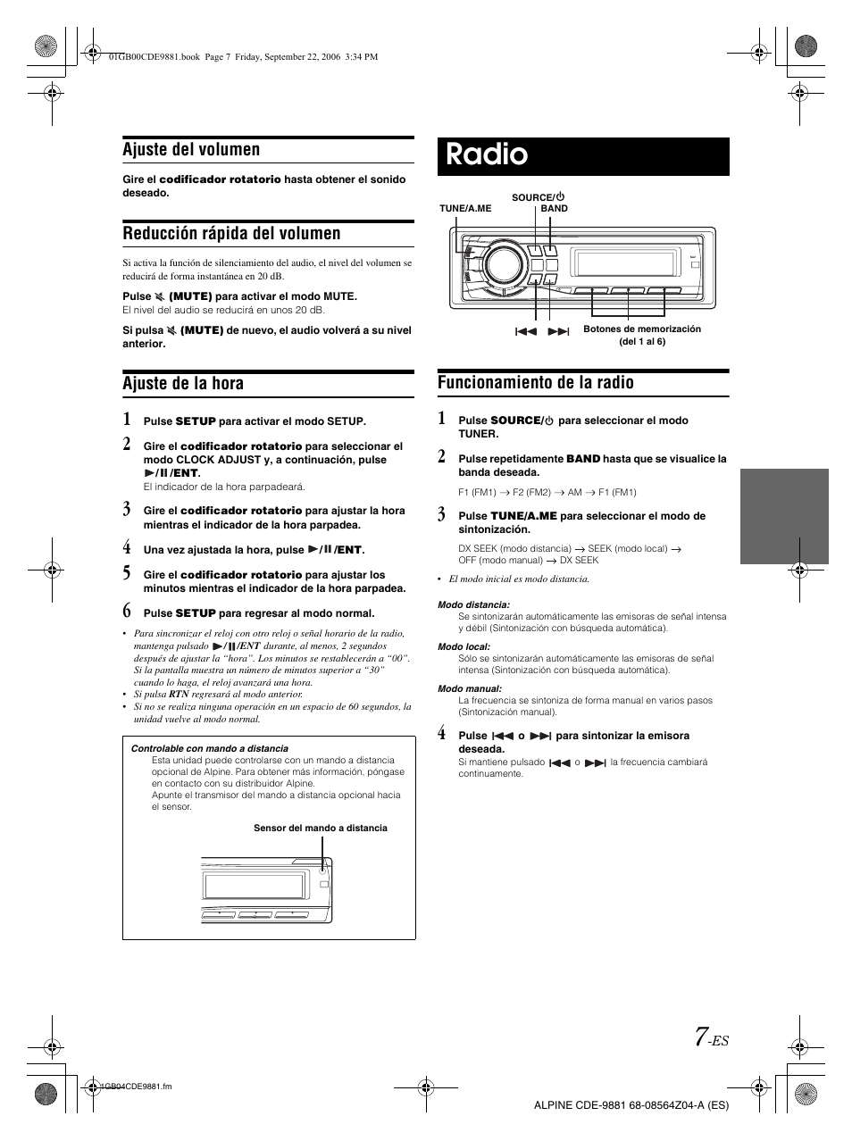Radio, Ajuste del volumen, Reducción rápida del volumen | Ajuste de la hora, Funcionamiento de la radio | Alpine CDE-9881 User Manual | Page 67 / 88