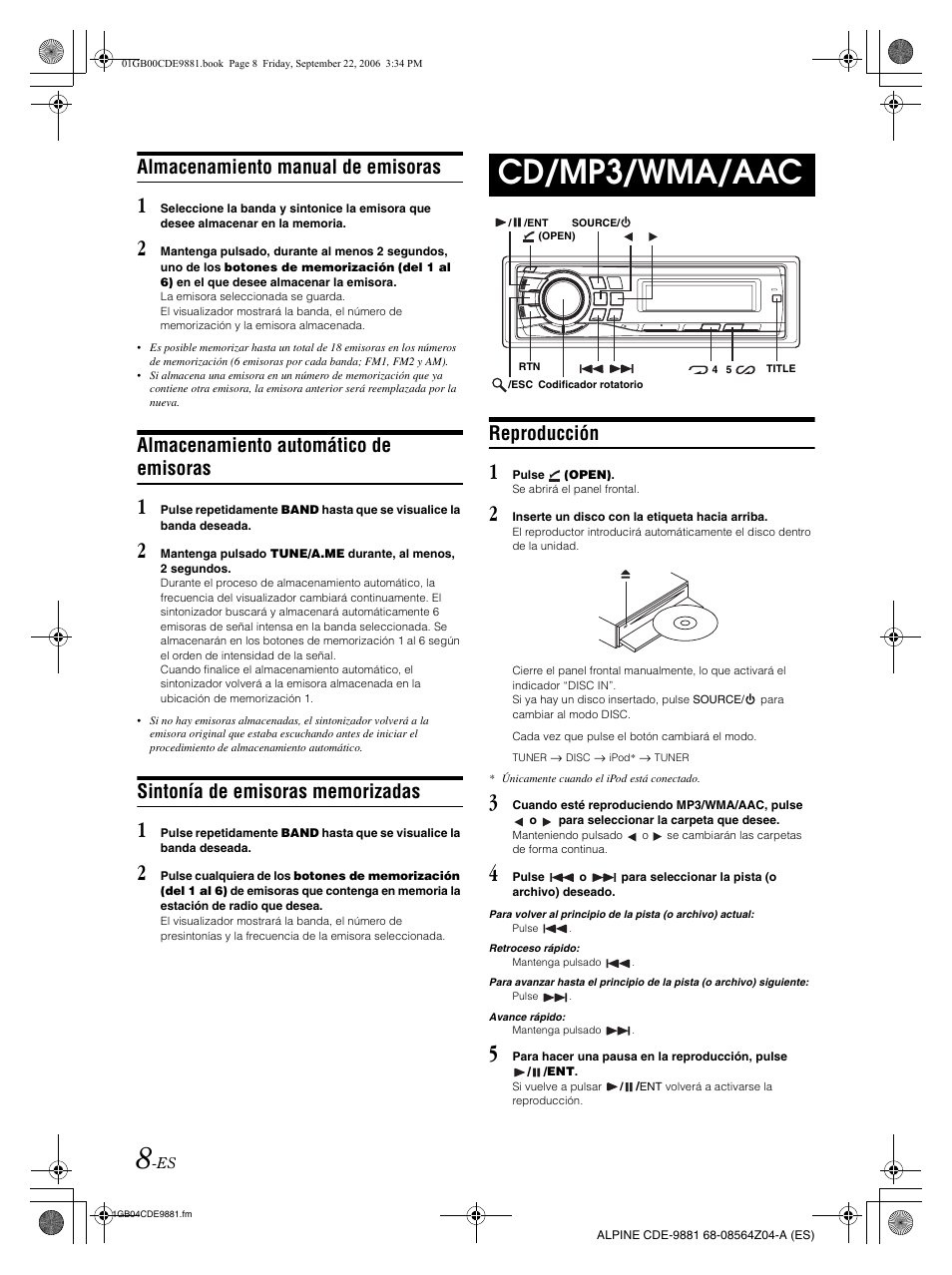 Cd/mp3/wma/aac, Almacenamiento manual de emisoras, Almacenamiento automático de emisoras | Reproducción | Alpine CDE-9881 User Manual | Page 68 / 88