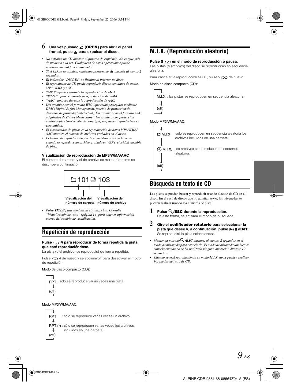 Repetición de reproducción, M.i.x. (reproducción aleatoria), Búsqueda en texto de cd | Alpine CDE-9881 User Manual | Page 69 / 88