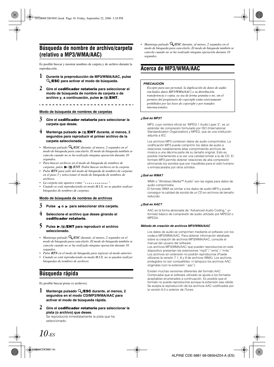 Búsqueda rápida, Acerca de mp3/wma/aac | Alpine CDE-9881 User Manual | Page 70 / 88