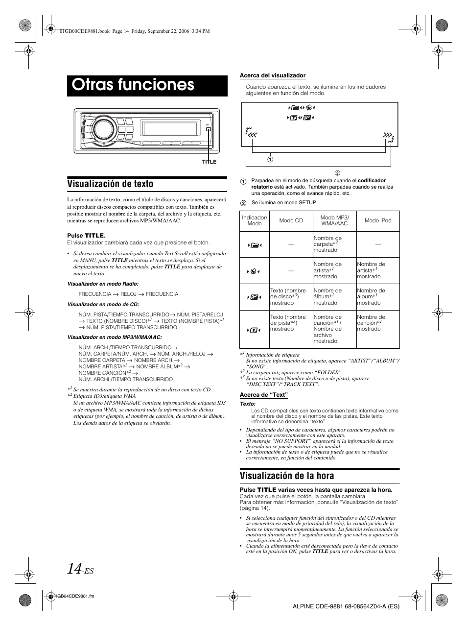 Otras funciones, Visualización de texto, Visualización de la hora | Alpine CDE-9881 User Manual | Page 74 / 88