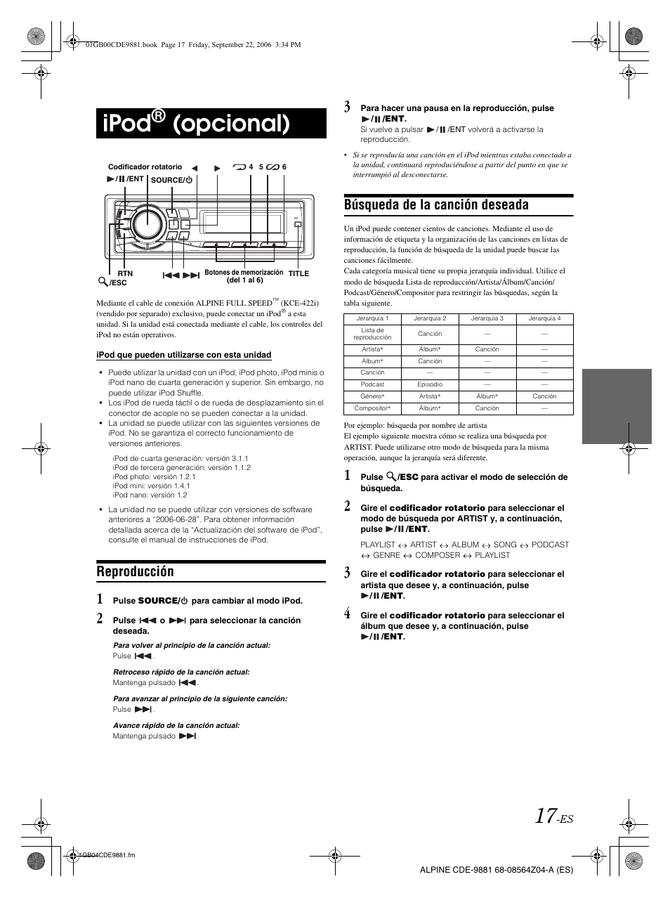 Ipod, Opcional), Reproducción | Búsqueda de la canción deseada | Alpine CDE-9881 User Manual | Page 77 / 88