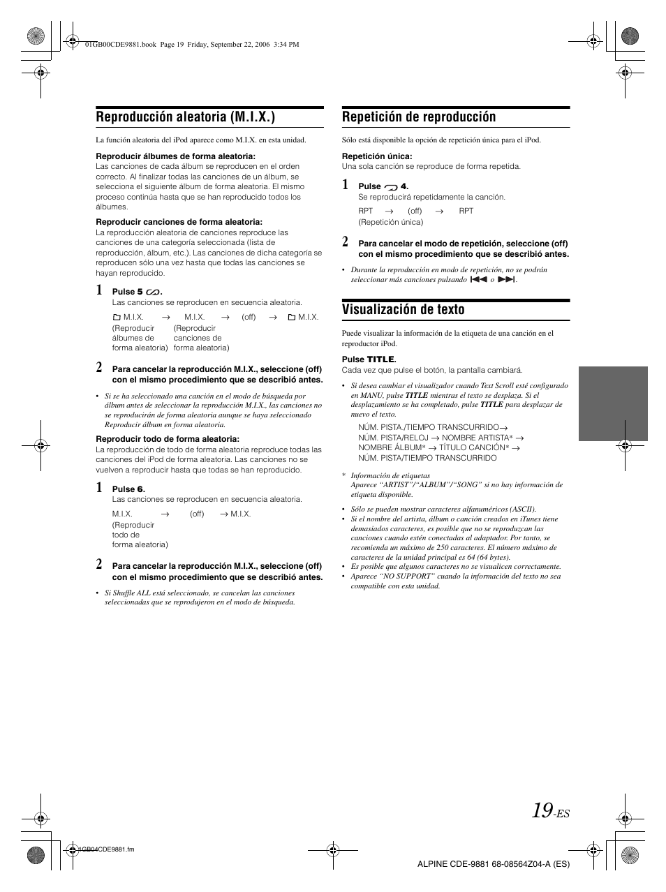 Reproducción aleatoria (m.i.x.), Repetición de reproducción, Visualización de texto | Alpine CDE-9881 User Manual | Page 79 / 88