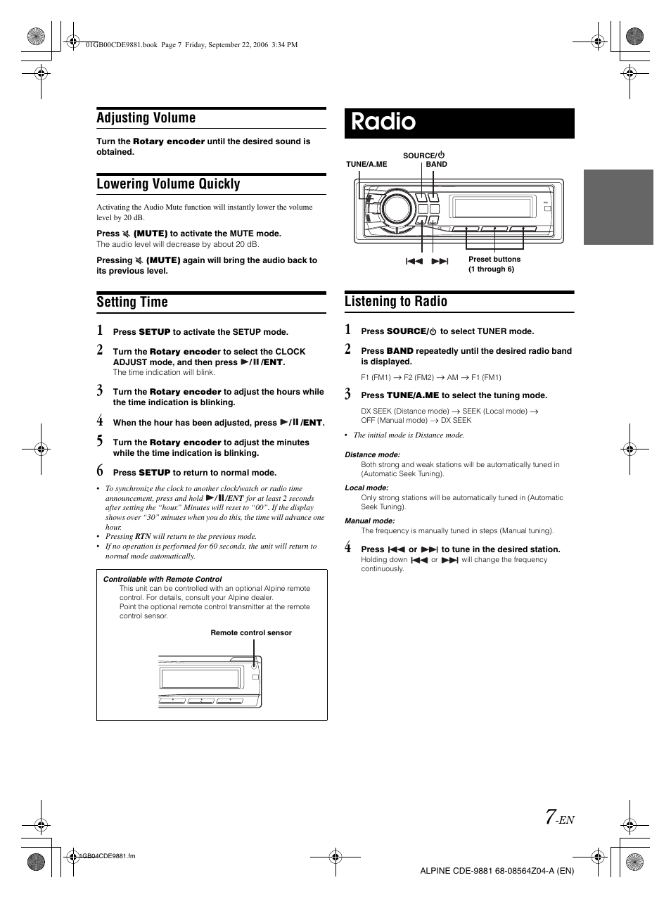 Radio, Adjusting volume, Lowering volume quickly | Setting time, Listening to radio | Alpine CDE-9881 User Manual | Page 9 / 88