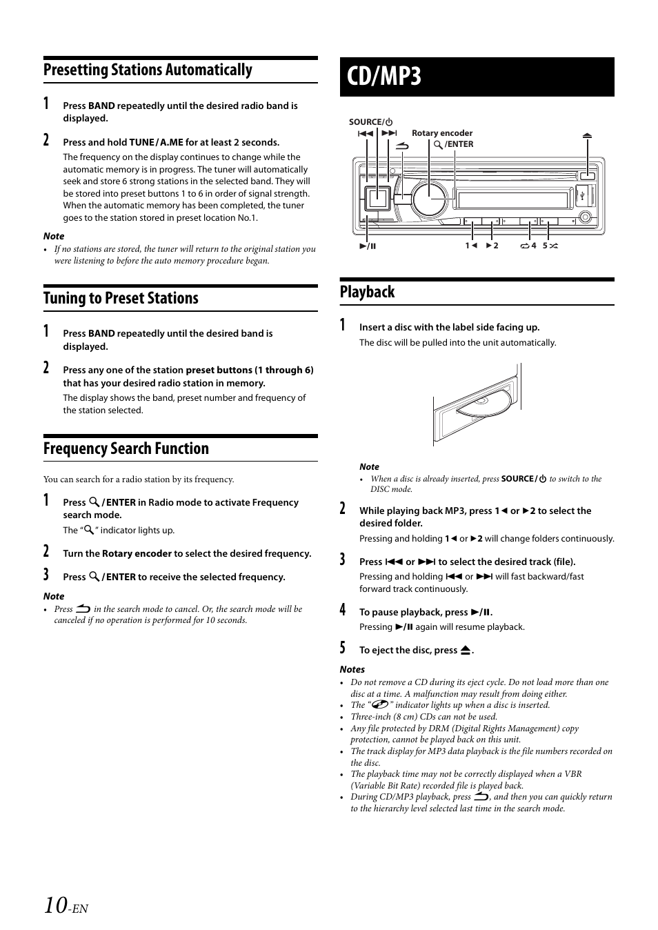 Presetting stations automatically, Tuning to preset stations, Frequency search function | Cd/mp3, Playback | Alpine 68-21627Z13-A User Manual | Page 10 / 38