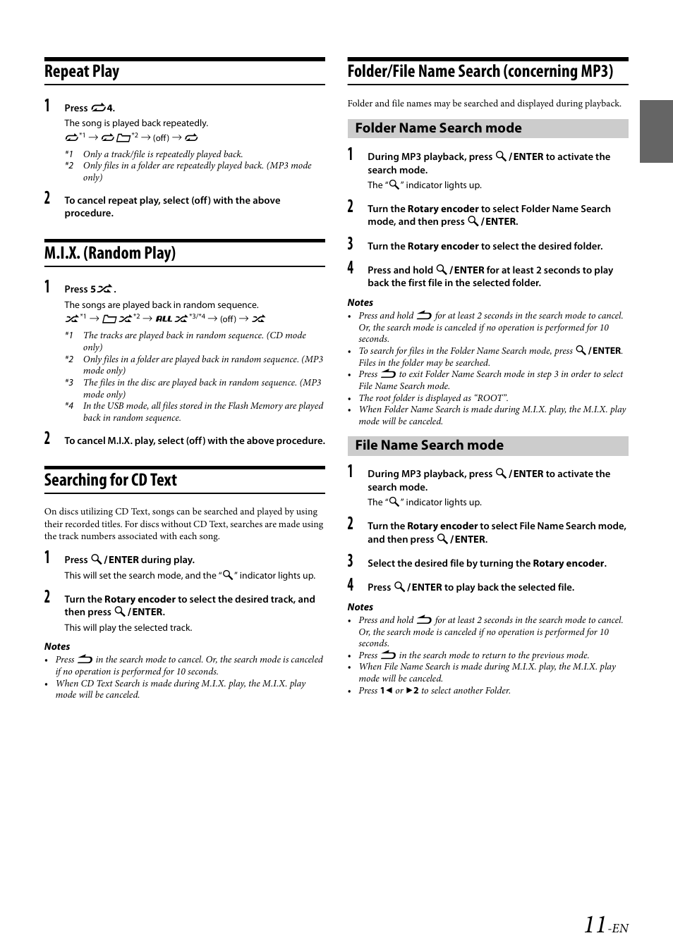 Repeat play, M.i.x. (random play), Searching for cd text | Folder/file name search (concerning mp3), Folder name search mode, File name search mode, Folder name search mode file name search mode | Alpine 68-21627Z13-A User Manual | Page 11 / 38