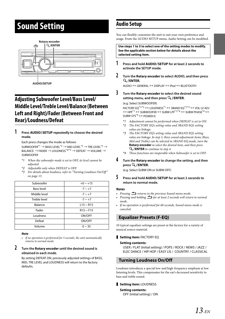Sound setting, Audio setup, Equalizer presets (f-eq) | Turning loudness on/off, Equalizer presets (f-eq) turning loudness on/off | Alpine 68-21627Z13-A User Manual | Page 13 / 38