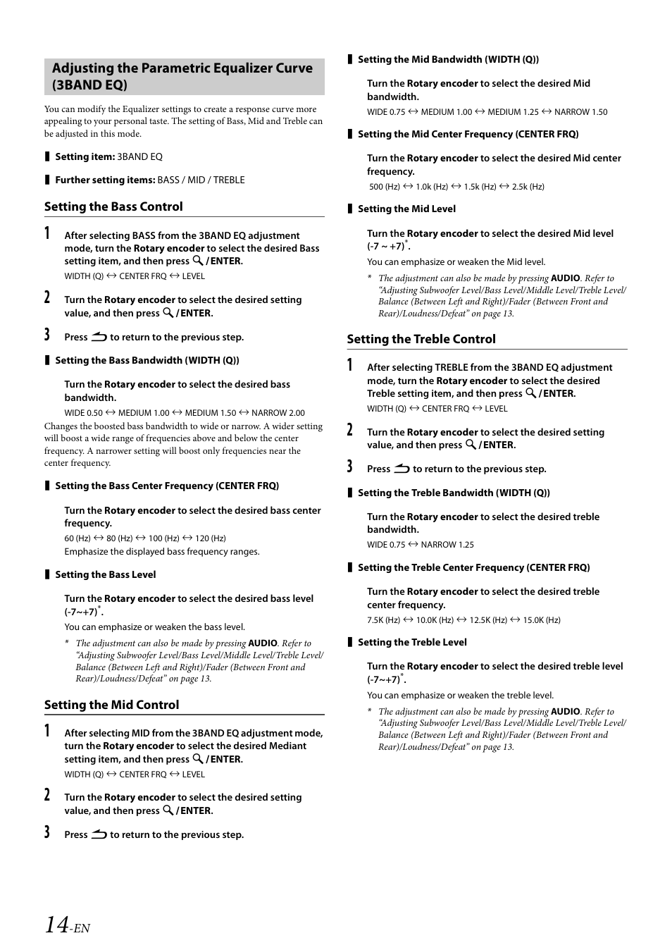 Setting the bass control, Setting the mid control, Setting the treble control | Alpine 68-21627Z13-A User Manual | Page 14 / 38