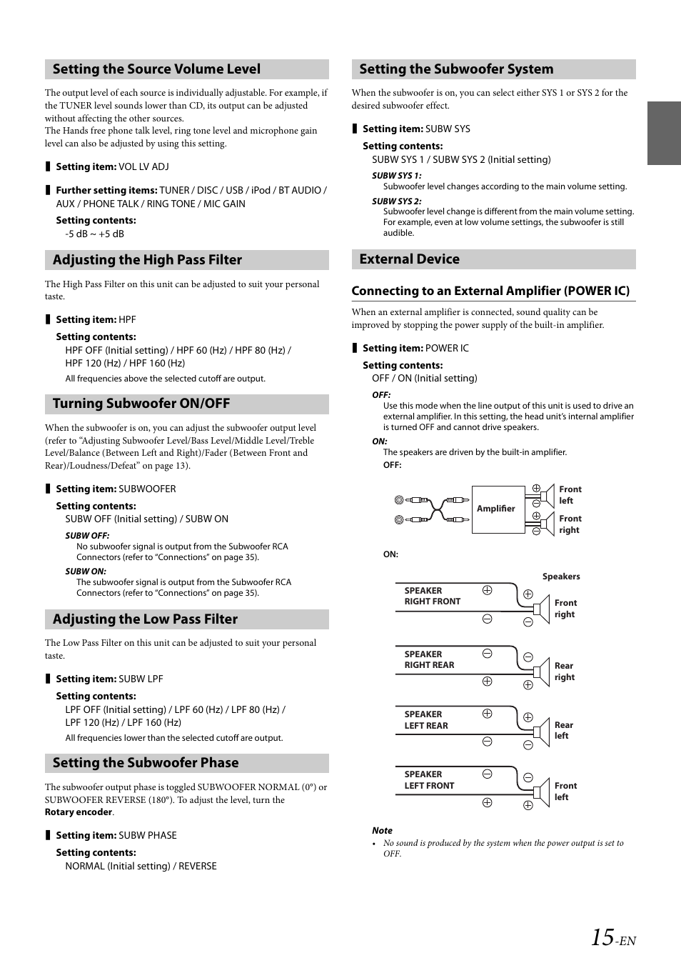 Setting the source volume level, Adjusting the high pass filter, Turning subwoofer on/off | Adjusting the low pass filter, Setting the subwoofer phase, Setting the subwoofer system, External device, Connecting to an external amplifier (power ic) | Alpine 68-21627Z13-A User Manual | Page 15 / 38