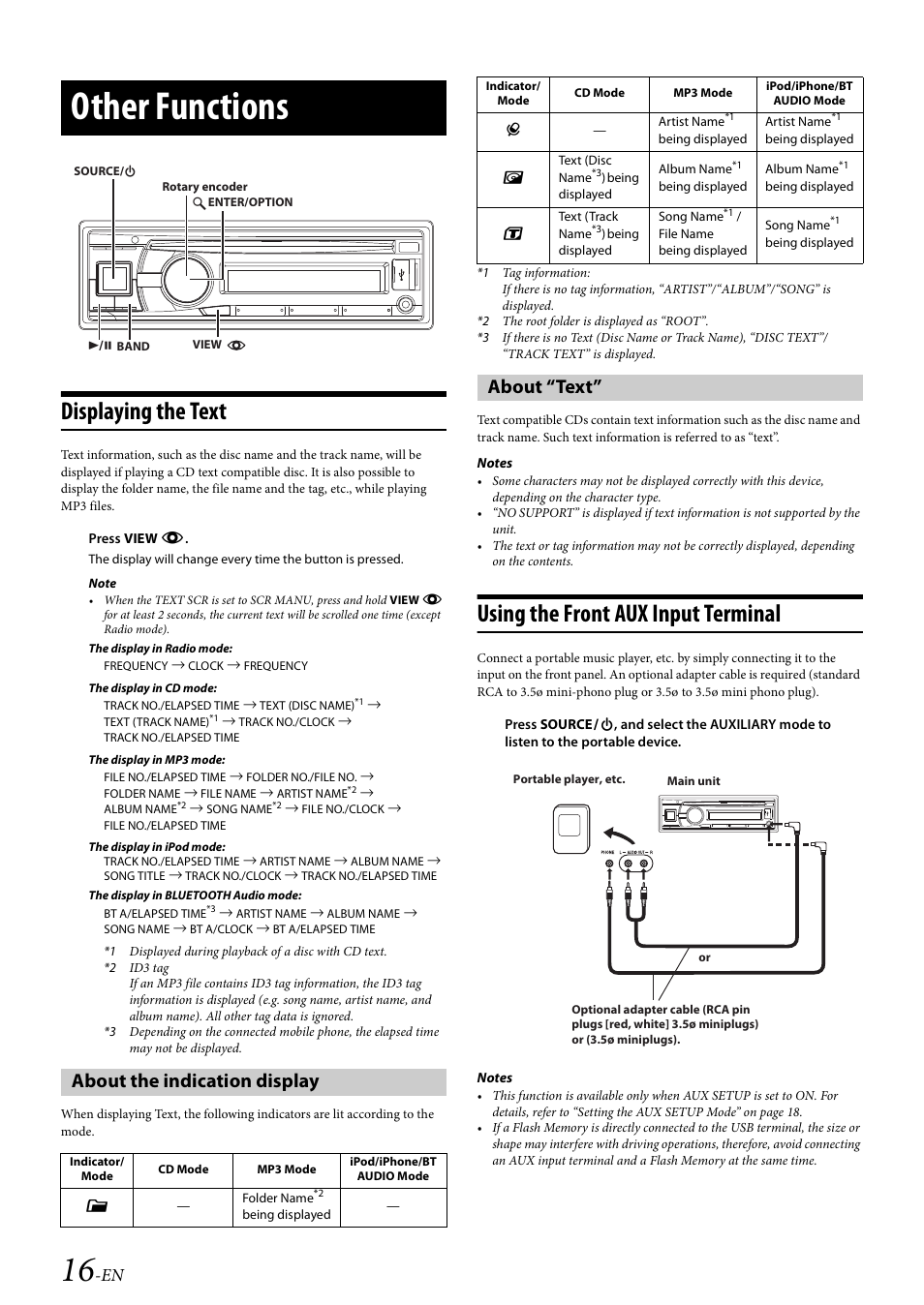 Other functions, Displaying the text, About the indication display | About “text, Using the front aux input terminal, About the indication display about “text | Alpine 68-21627Z13-A User Manual | Page 16 / 38
