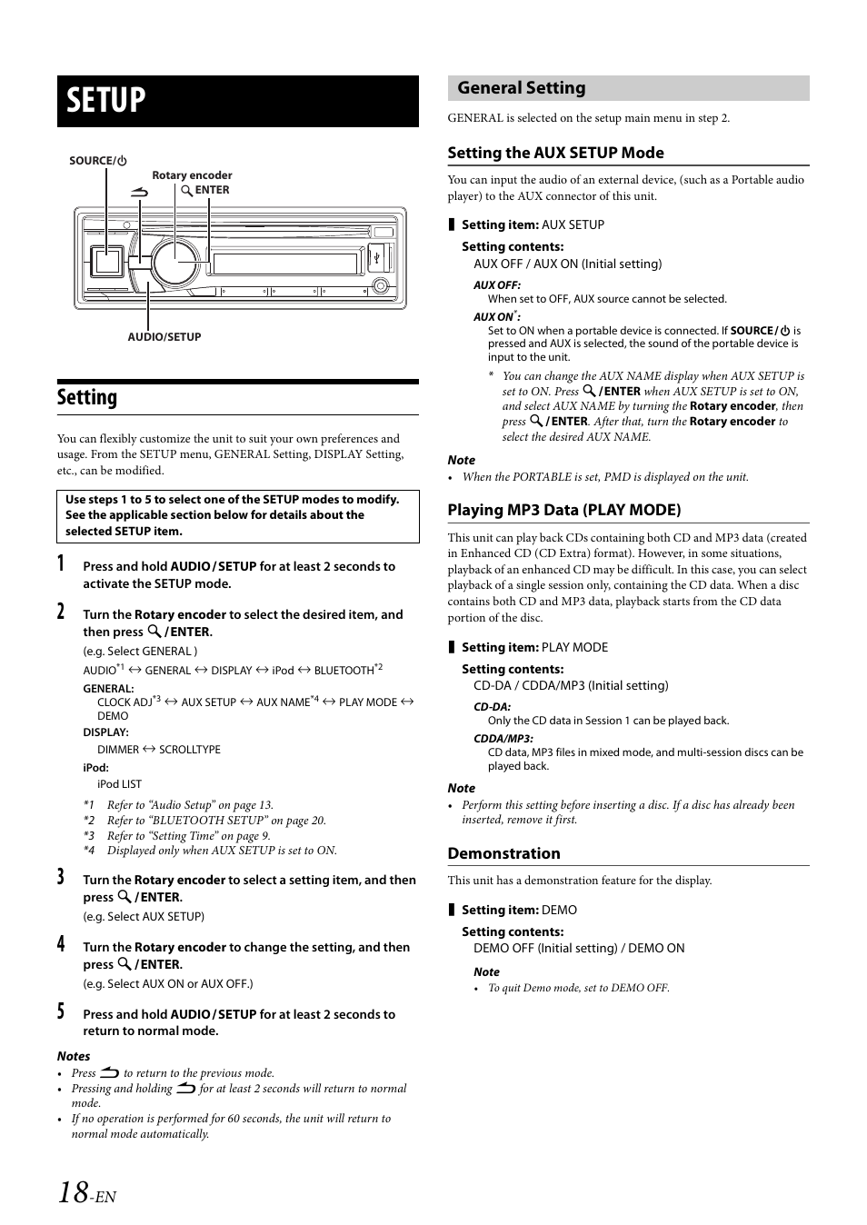 Setup, Setting, General setting | Setting the aux setup mode, Playing mp3 data (play mode), Demonstration, S, refer to, Refer to | Alpine 68-21627Z13-A User Manual | Page 18 / 38