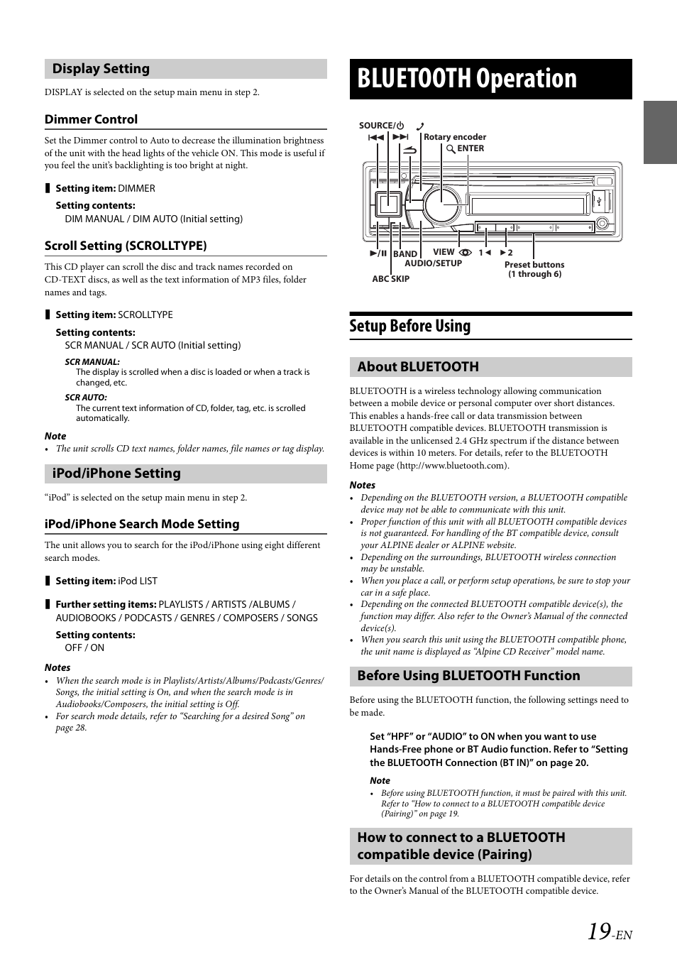 Display setting, Dimmer control, Scroll setting (scrolltype) | Ipod/iphone setting, Ipod/iphone search mode setting, Bluetooth operation, Setup before using, About bluetooth, Before using bluetooth function, Dimmer control scroll setting (scrolltype) | Alpine 68-21627Z13-A User Manual | Page 19 / 38