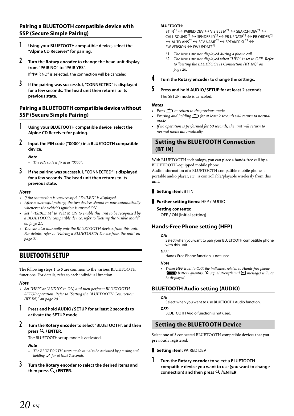 Bluetooth setup, Setting the bluetooth connection (bt in), Hands-free phone setting (hfp) | Bluetooth audio setting (audio), Setting the bluetooth device, Refer to “setting the | Alpine 68-21627Z13-A User Manual | Page 20 / 38