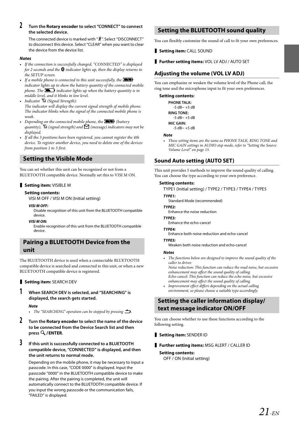 Setting the visible mode, Pairing a bluetooth device from the unit, Setting the bluetooth sound quality | Adjusting the volume (vol lv adj), Sound auto setting (auto set) | Alpine 68-21627Z13-A User Manual | Page 21 / 38