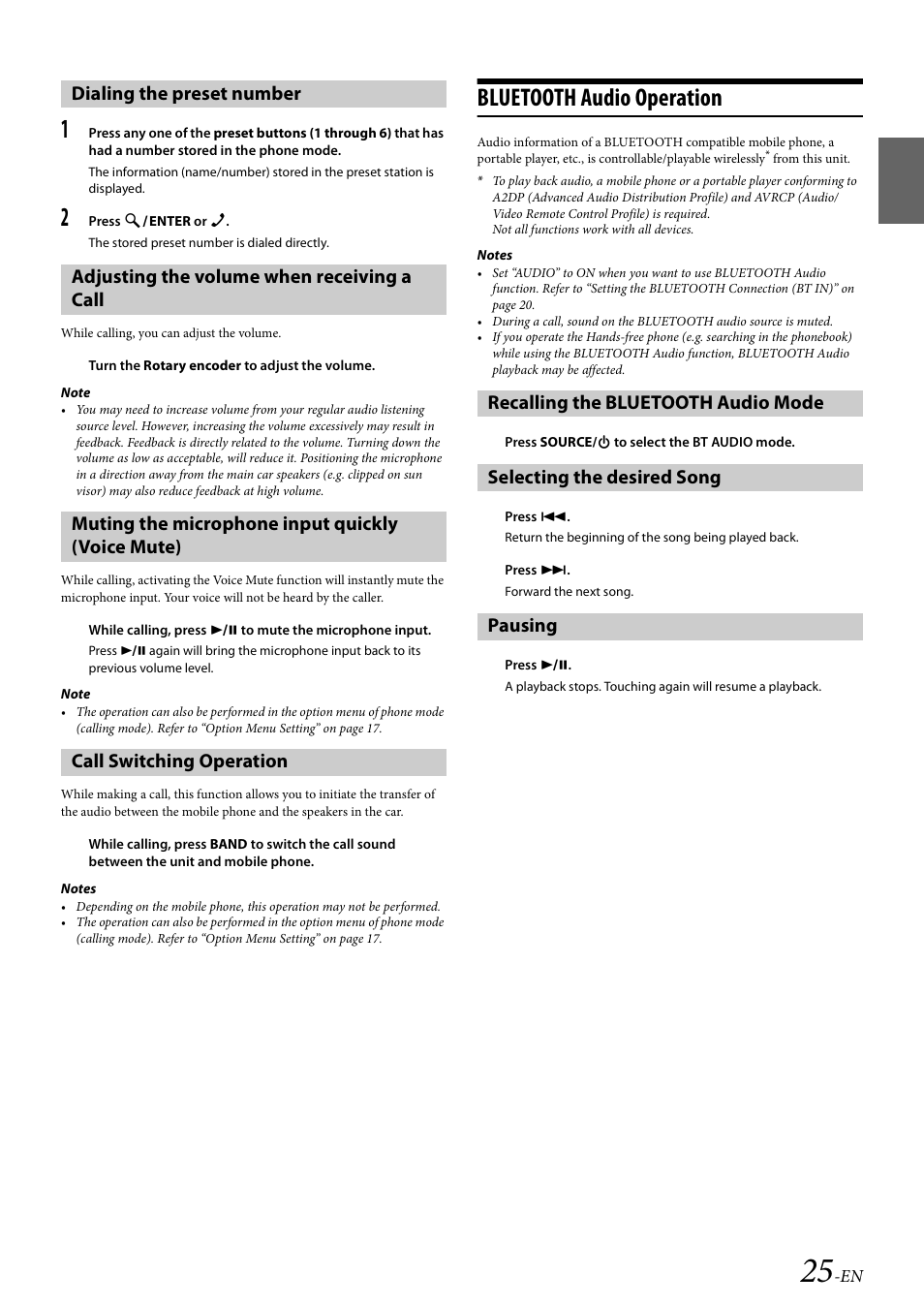 Dialing the preset number, Adjusting the volume when receiving a call, Muting the microphone input quickly (voice mute) | Call switching operation, Bluetooth audio operation, Recalling the bluetooth audio mode, Selecting the desired song, Pausing | Alpine 68-21627Z13-A User Manual | Page 25 / 38