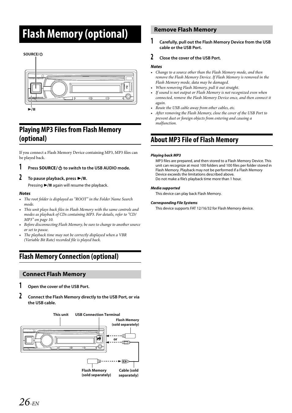 Flash memory (optional), Playing mp3 files from flash memory (optional), Flash memory connection (optional) | Connect flash memory, Remove flash memory, About mp3 file of flash memory, Connect flash memory remove flash memory | Alpine 68-21627Z13-A User Manual | Page 26 / 38