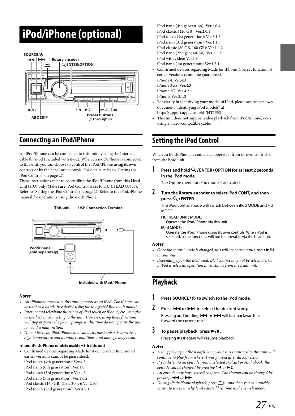 Ipod/iphone (optional), Connecting an ipod/iphone, Setting the ipod control | Playback | Alpine 68-21627Z13-A User Manual | Page 27 / 38