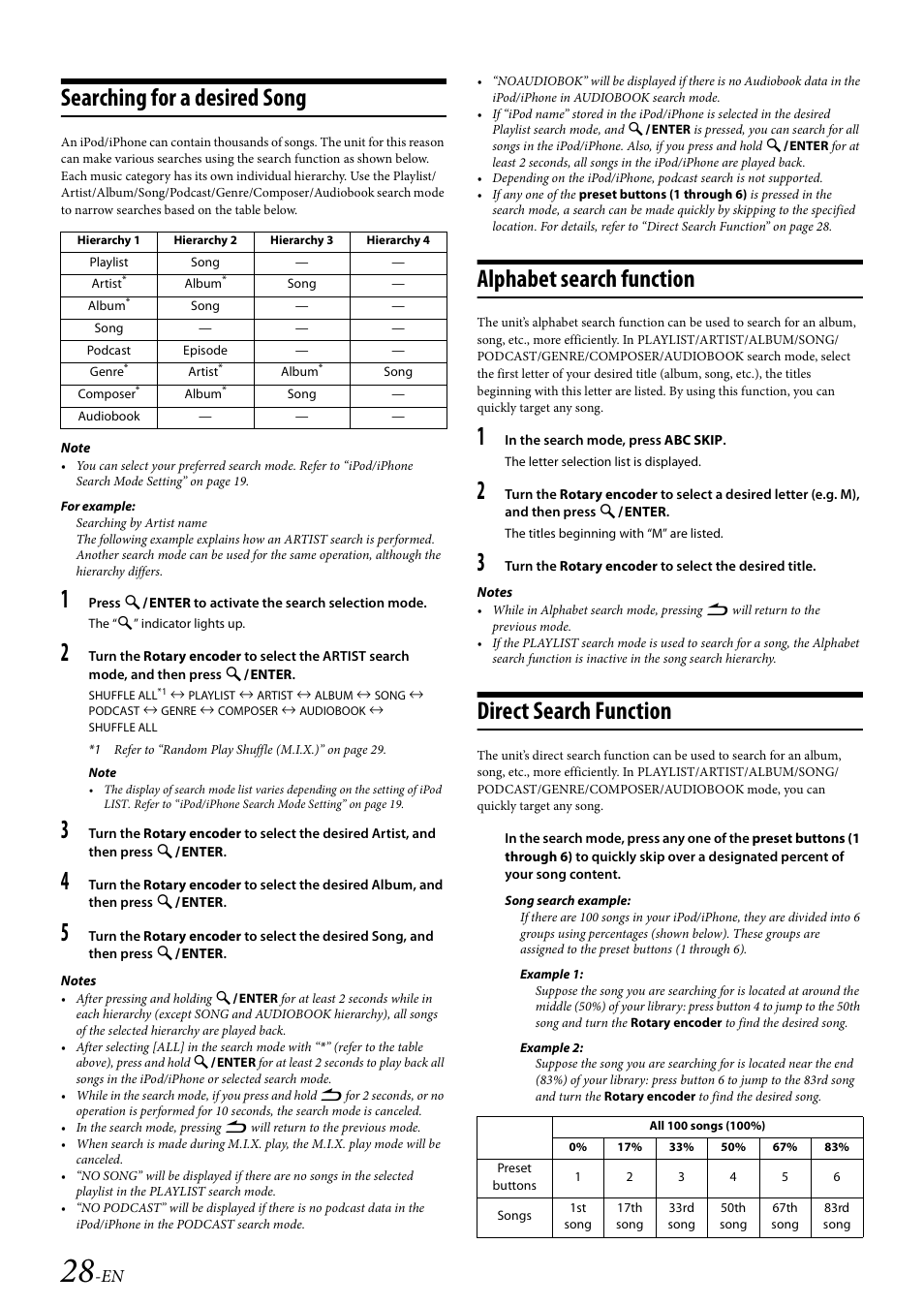 Searching for a desired song, Alphabet search function, Direct search function | Alpine 68-21627Z13-A User Manual | Page 28 / 38