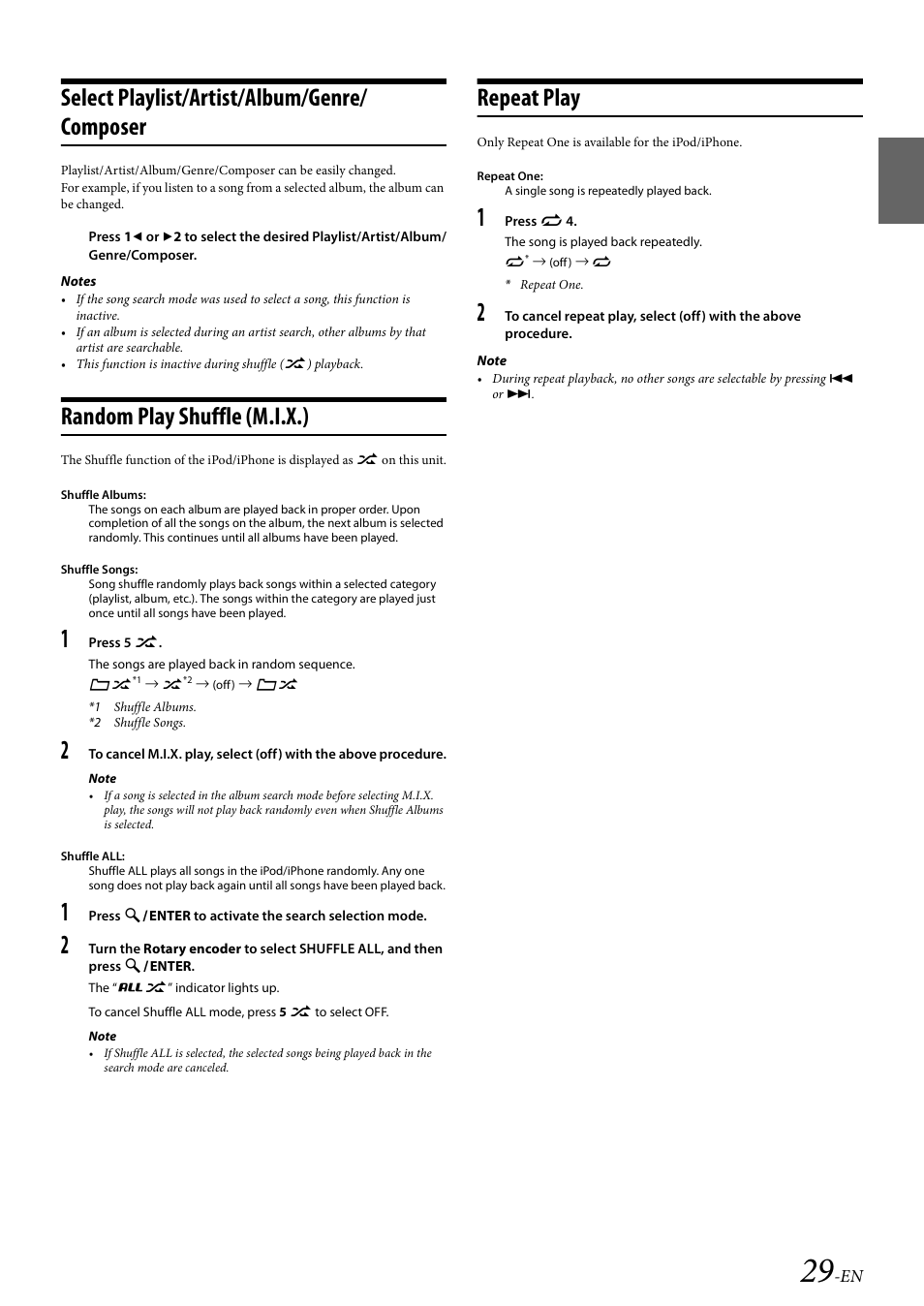 Select playlist/artist/album/genre/composer, Random play shuffle (m.i.x.), Repeat play | Select playlist/artist/album/genre/ composer | Alpine 68-21627Z13-A User Manual | Page 29 / 38