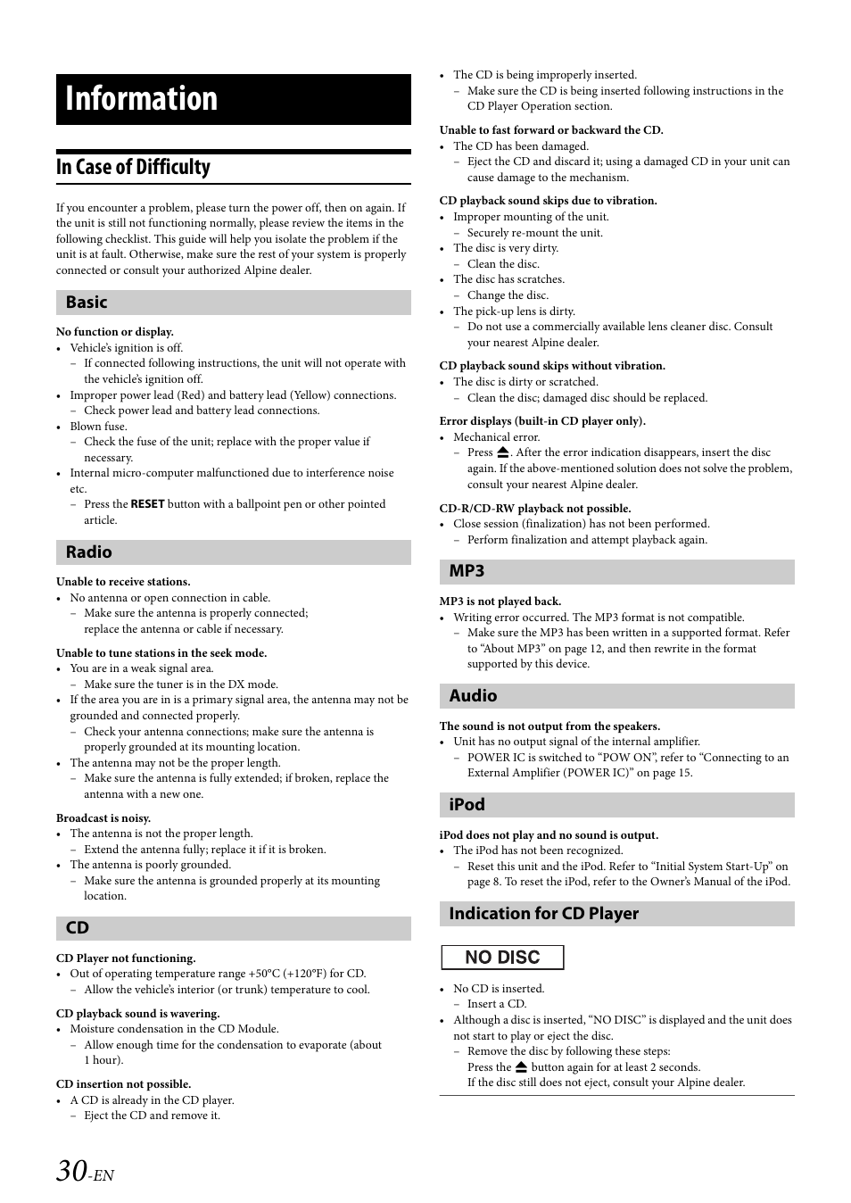 Information, In case of difficulty, Basic | Radio, Audio, Ipod, Indication for cd player | Alpine 68-21627Z13-A User Manual | Page 30 / 38